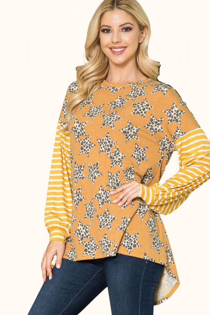 CLCT43603E-PL-Wholesale MUSTARD PLUS Leopard Star Print Top with Stripe