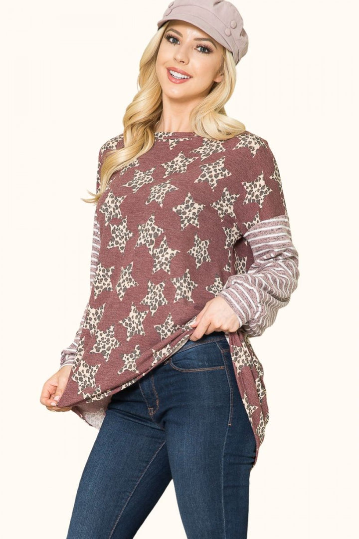 WINE LEOPARD STAR PRINT TOP WITH STRIPE-CLCT43603E