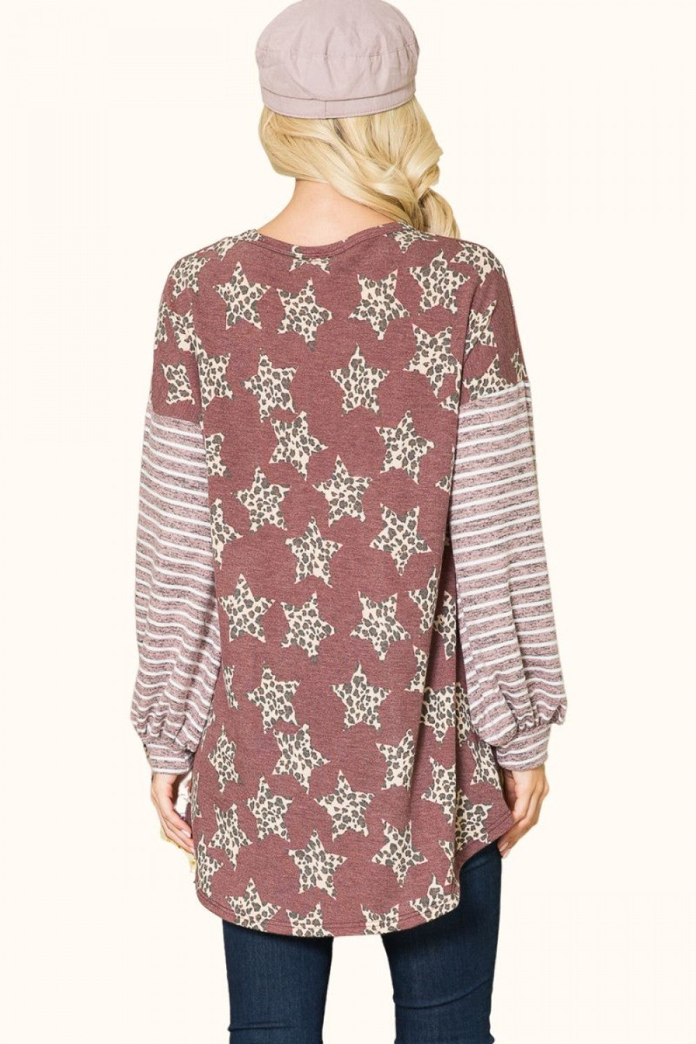 WINE LEOPARD STAR PRINT TOP WITH STRIPE-CLCT43603E