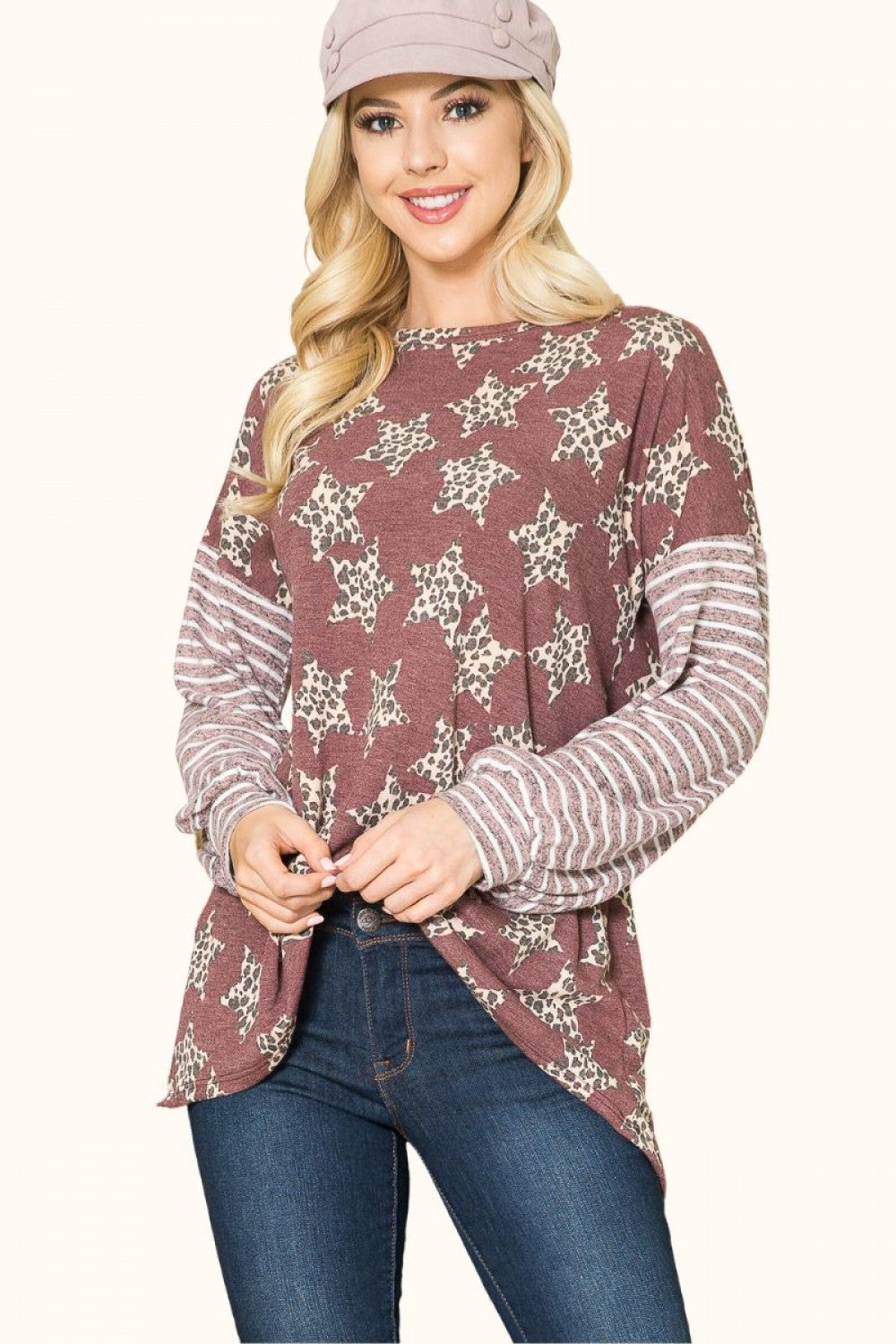WINE LEOPARD STAR PRINT TOP WITH STRIPE-CLCT43603E