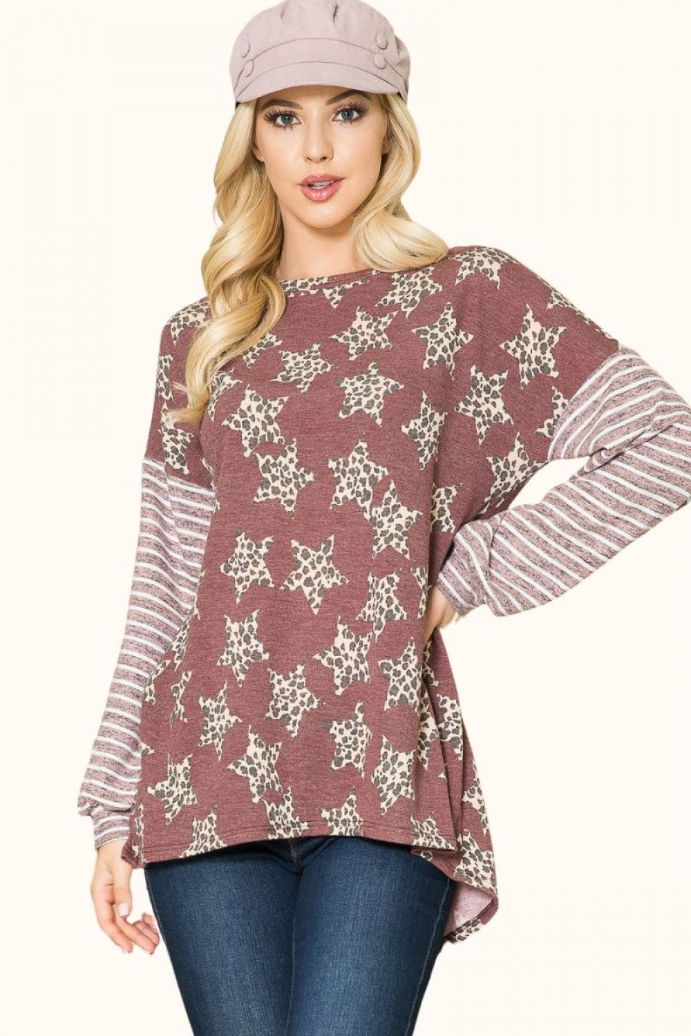 CLCT43603E-Wholesale WINE Leopard Star Print Top with Stripe