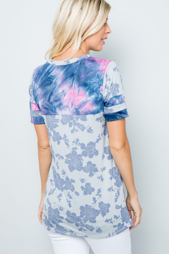 BLUE FLORAL V-NECK WITH TIE-DYE MARBLE CONTRAST TOP