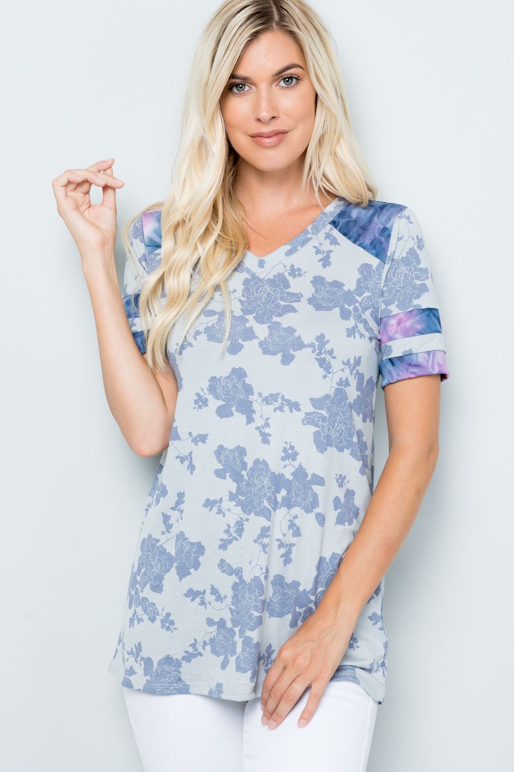 BLUE FLORAL V-NECK WITH TIE-DYE MARBLE CONTRAST TOP