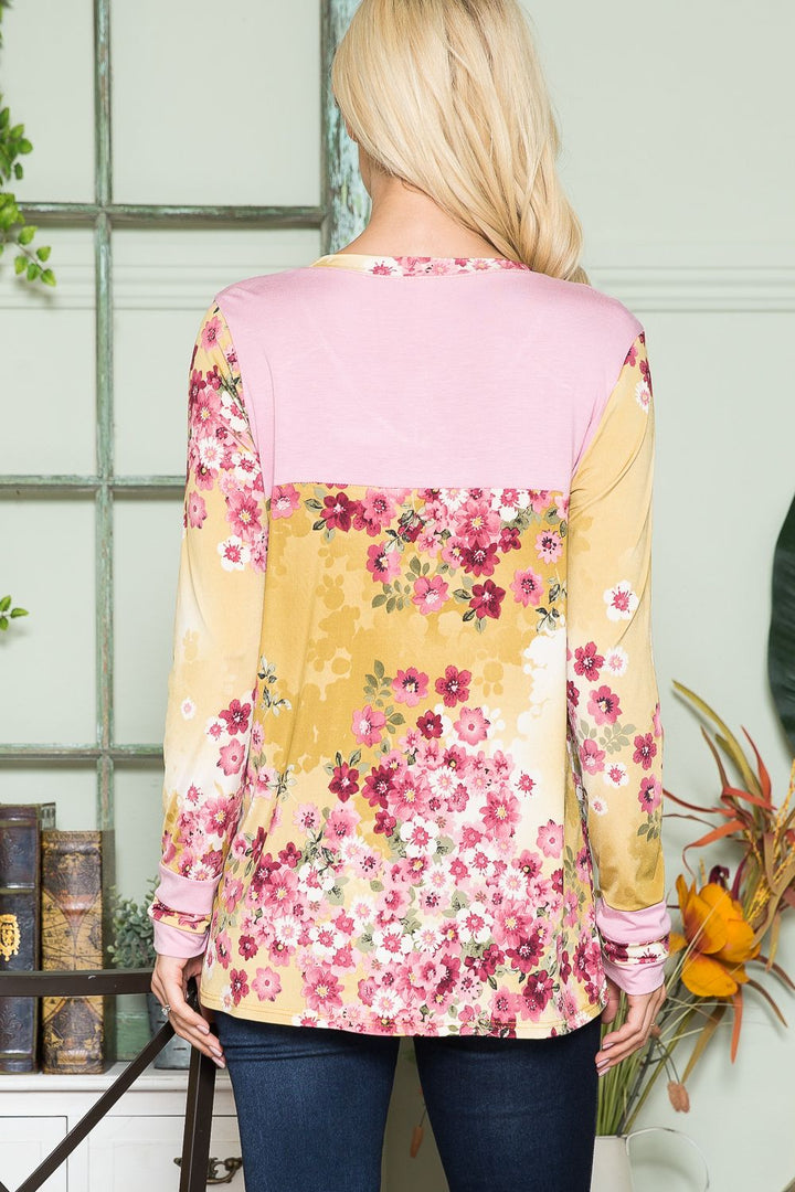 MUSTARD PLUS FLORAL PRINT LONG SLEEVE TOP