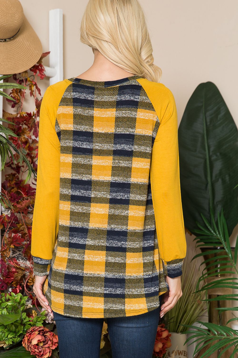 MUSTARD PLUS PLAID CONTRAST LONG SLEEVE TOP-CLCT43646J-PL