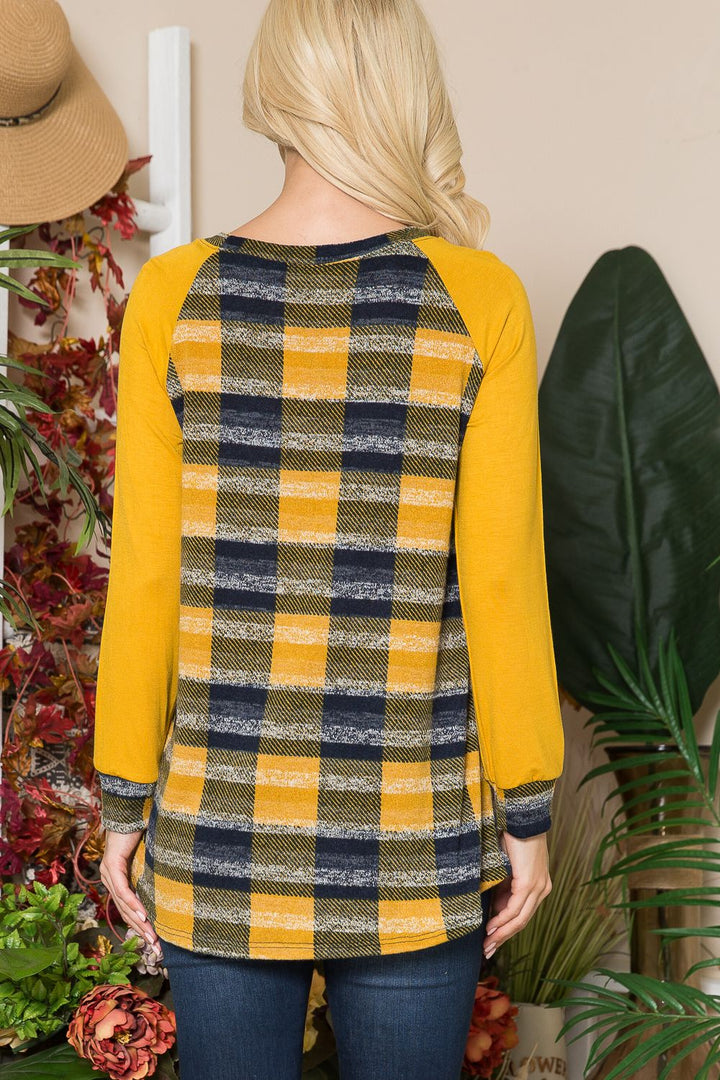 MUSTARD PLUS PLAID CONTRAST LONG SLEEVE TOP-CLCT43646J-PL