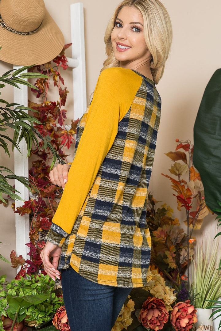 MUSTARD PLUS PLAID CONTRAST LONG SLEEVE TOP-CLCT43646J-PL