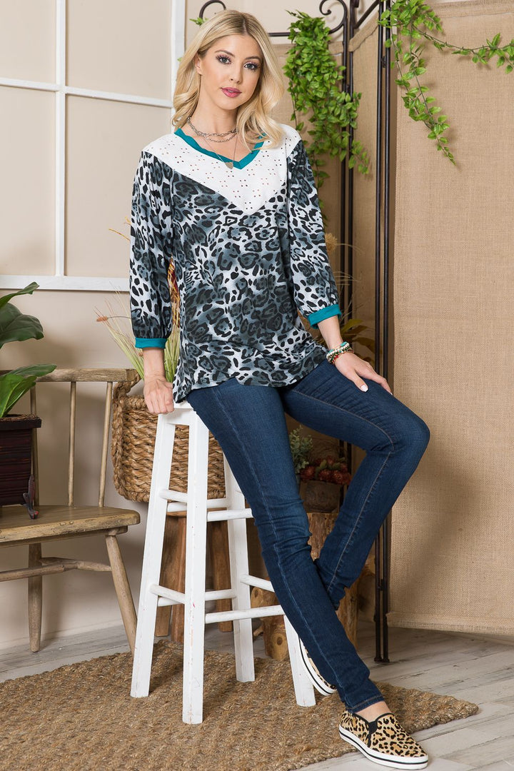 GREY ANIMAL PRINT AND EYELET V-NECK CONTRAST PLUS TOP