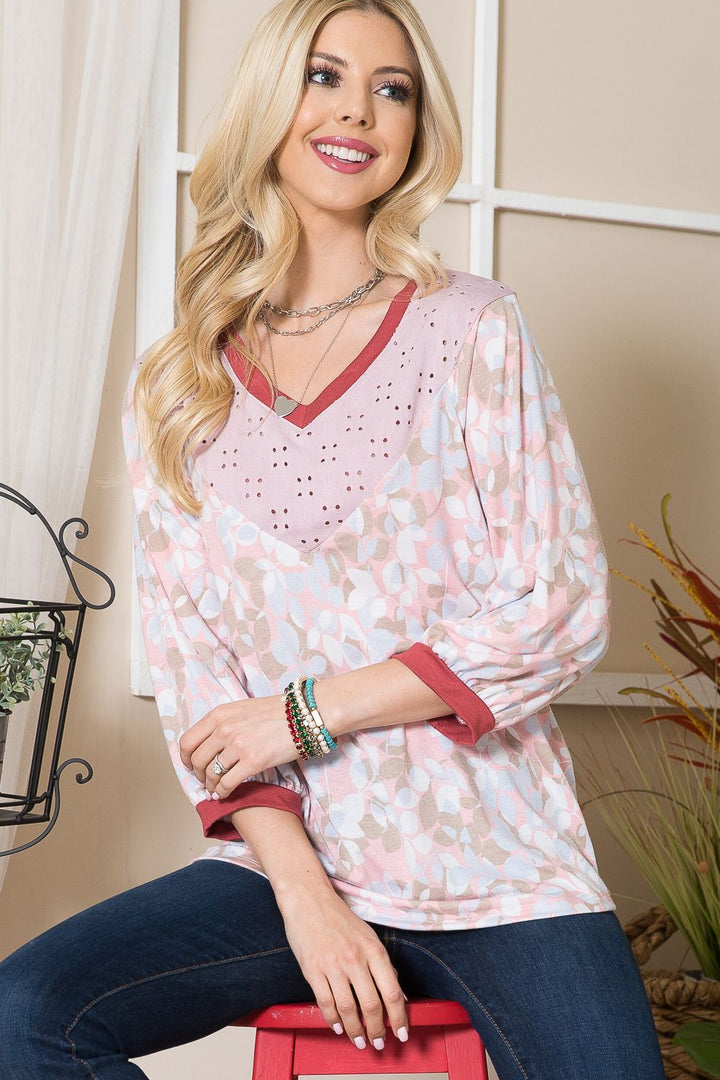 PINK/TAUPE FLORAL V-NECK TOP WITH EYELET CONTRAST DETAIL