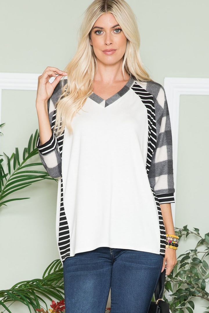 IVORY/CHARCOAL PLAID AND STRIPE CONTRAST DETAIL V-NECK TOP