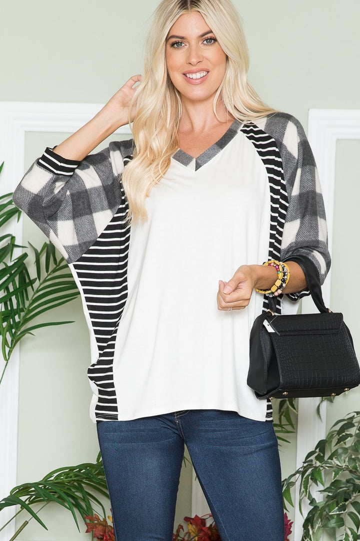 IVORY/CHARCOAL PLAID AND STRIPE CONTRAST DETAIL V-NECK TOP