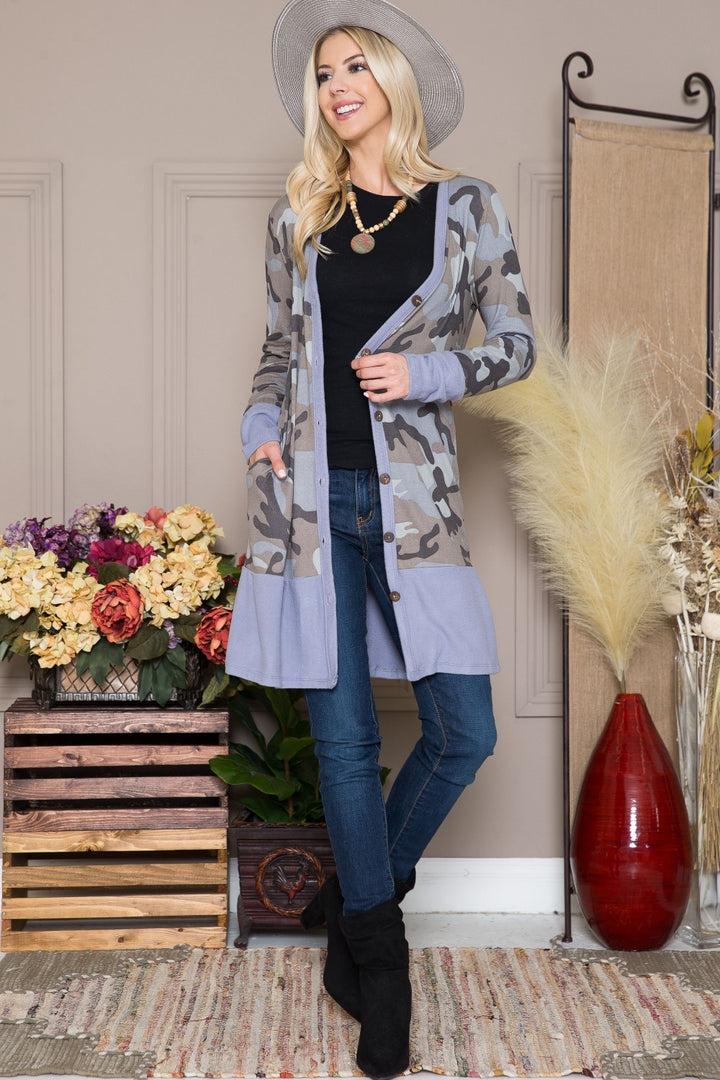 GREY/CAMO CAMO PRT CARDIGAN BTTN DOWN