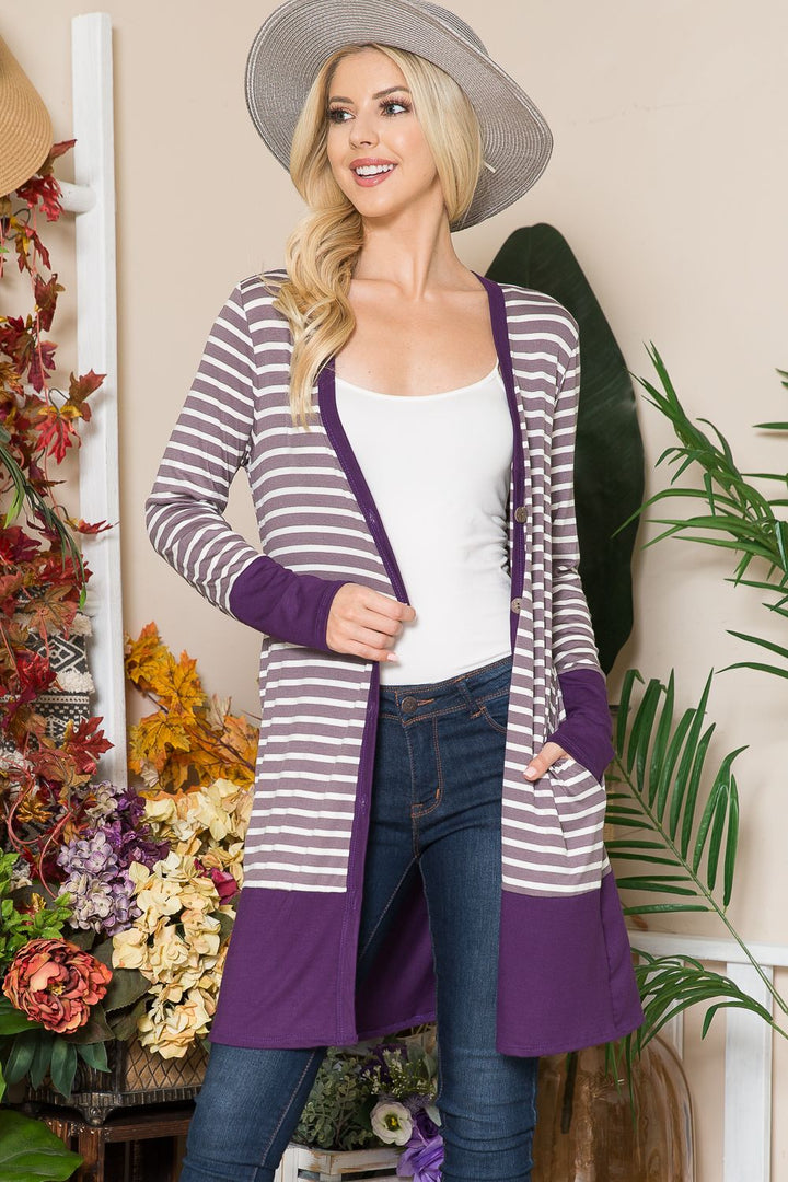 PURPLE/LAVENDER BUTTON DOWN STRIPE CARDIGAN