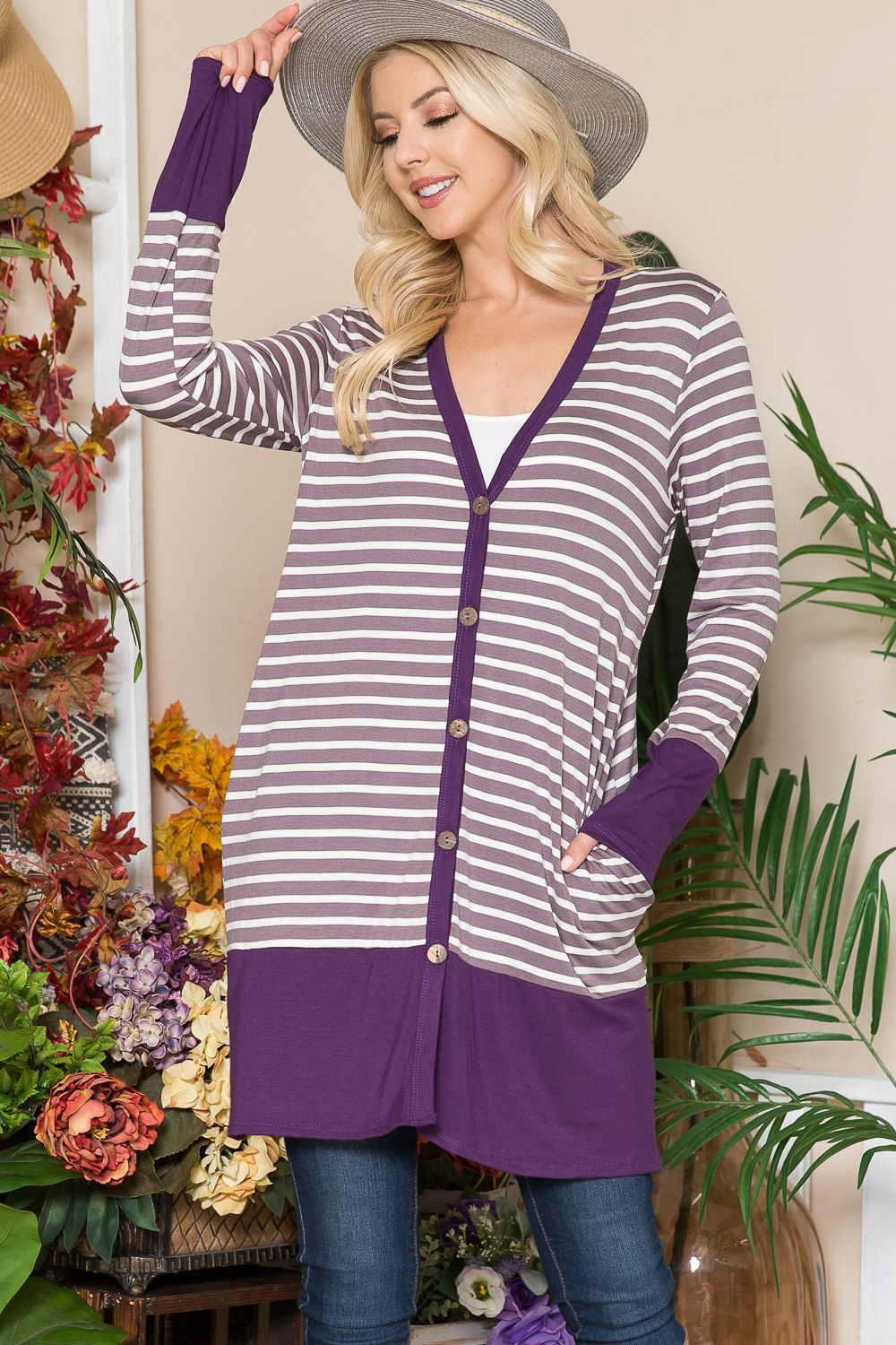 PURPLE/LAVENDER BUTTON DOWN STRIPE CARDIGAN
