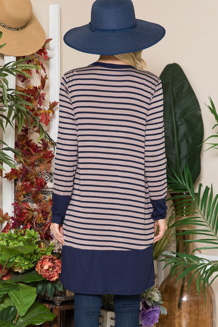 BLUE/MOCHA BUTTON DOWN STRIPE CARDIGAN