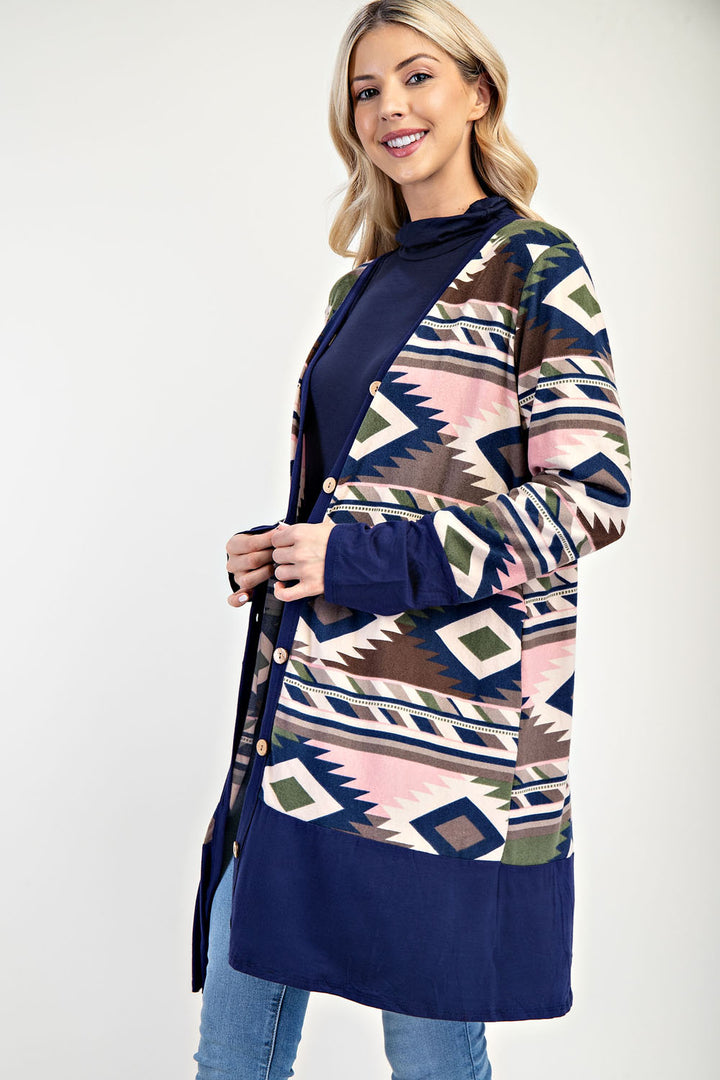 NAVY PLUS AZTEC PRINT CARDIGAN