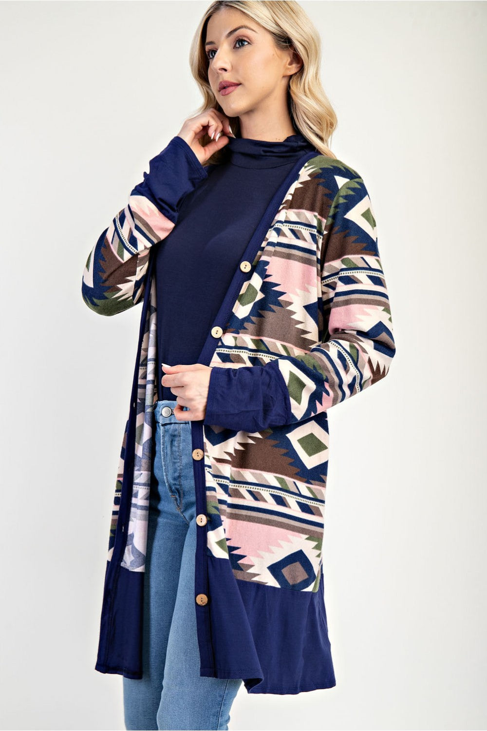 NAVY PLUS AZTEC PRINT CARDIGAN