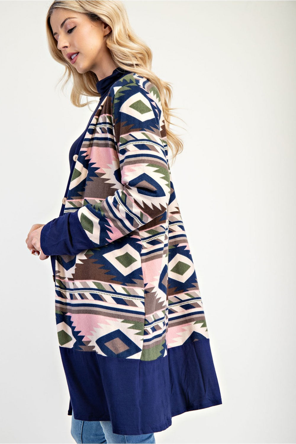 NAVY PLUS AZTEC PRINT CARDIGAN