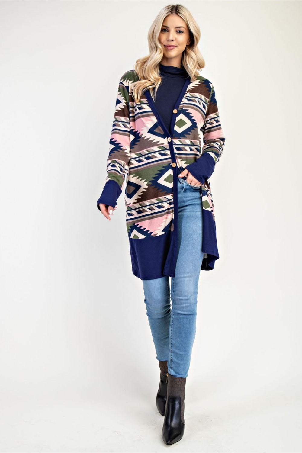 NAVY PLUS AZTEC PRINT CARDIGAN