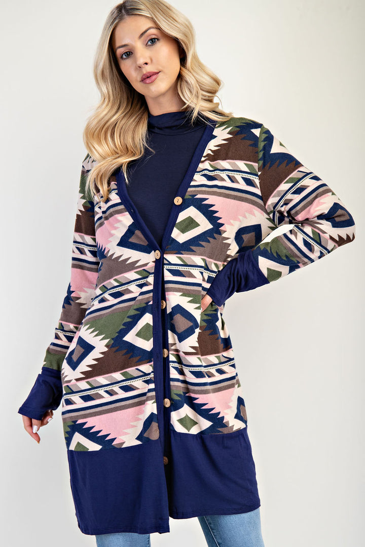 NAVY PLUS AZTEC PRINT CARDIGAN