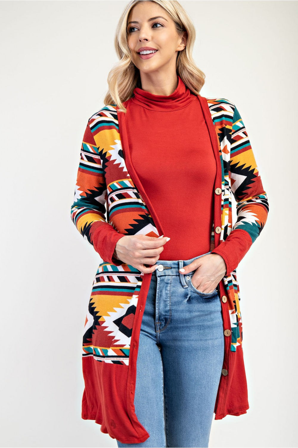 RUST AZTEC PRINT CARDIGAN