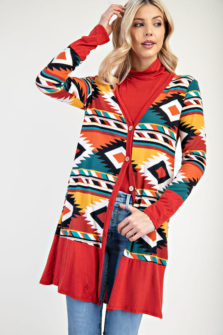 RUST AZTEC PRINT CARDIGAN