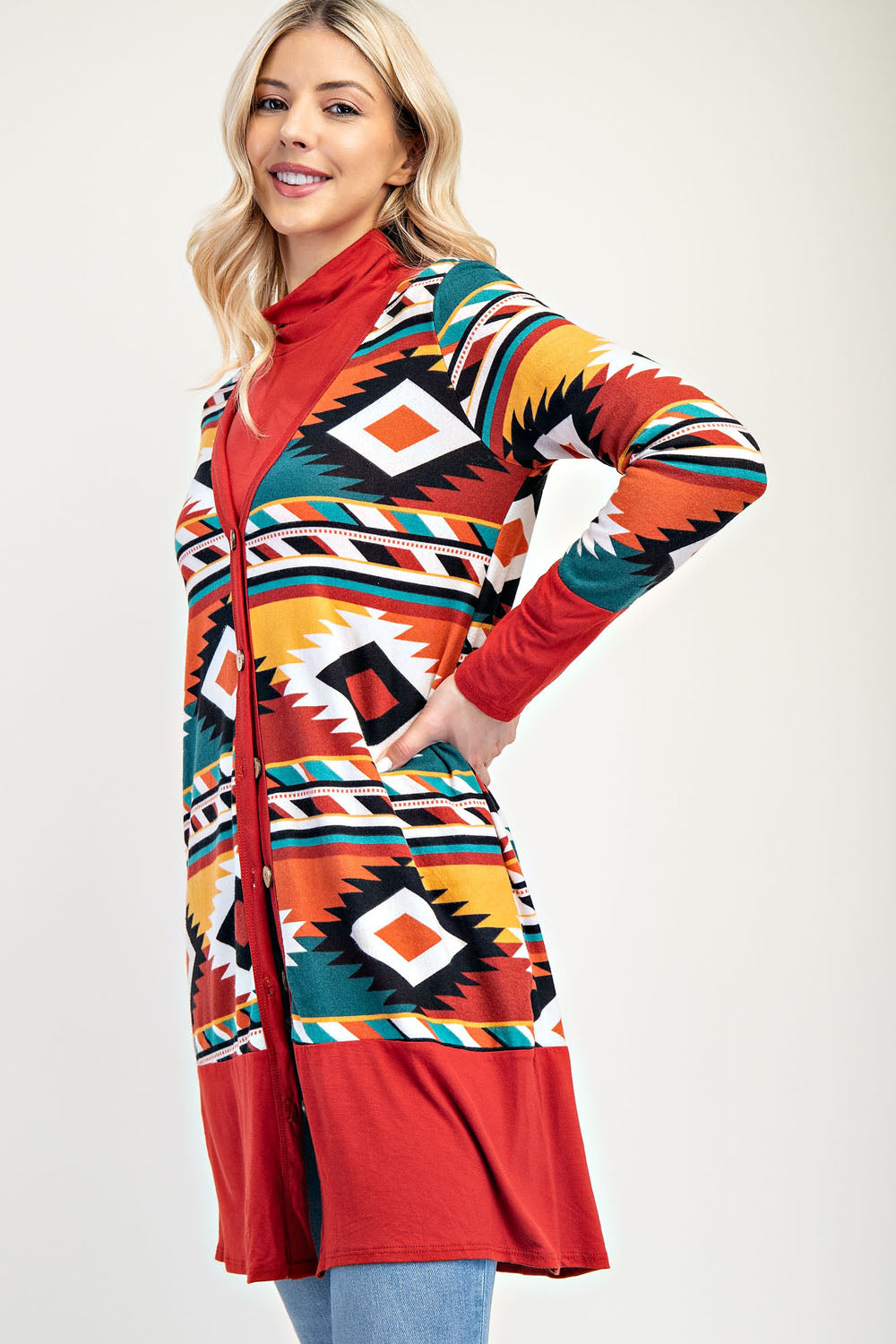 RUST AZTEC PRINT CARDIGAN