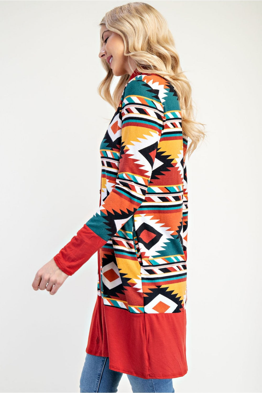 RUST AZTEC PRINT CARDIGAN