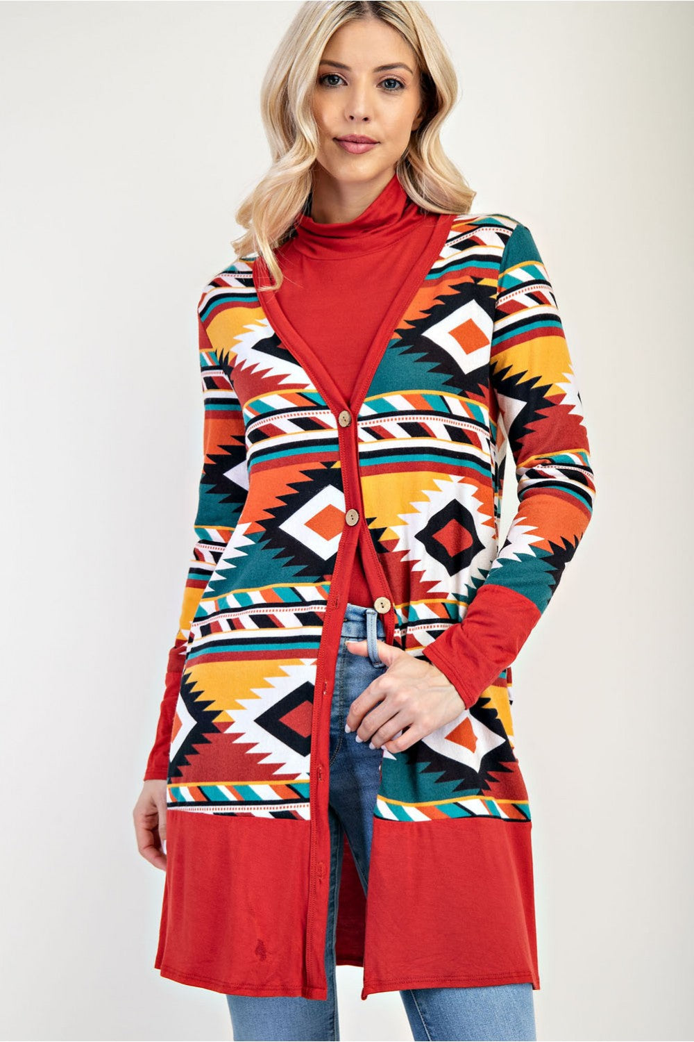 CLCT43723F-Wholesale RUST AZTEC PRINT CARDIGAN