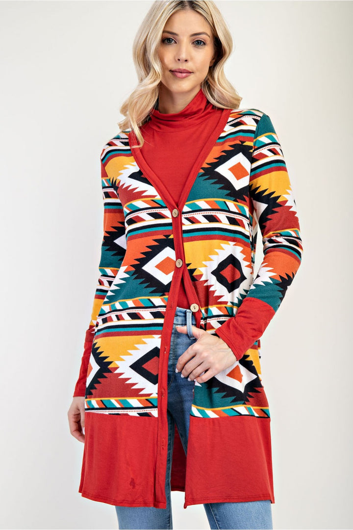 CLCT43723F-Wholesale RUST AZTEC PRINT CARDIGAN