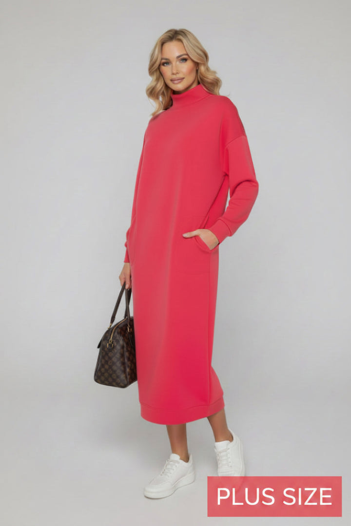 PLUS SIZE SHILHOUETTE TURTLE NECK LONG SLEEVE MIDI DRESS SHVL6019