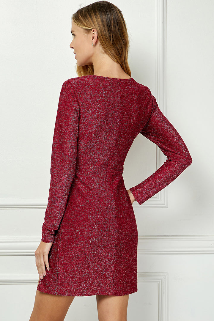 RED SIDE SLIT LONG SLEEVES MINI DRESS AVD51185K