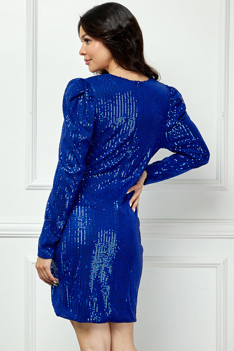 ROYAL BLUE SHINNY V-NECK LONG SLEEVES MINI DRESS AVD51898W