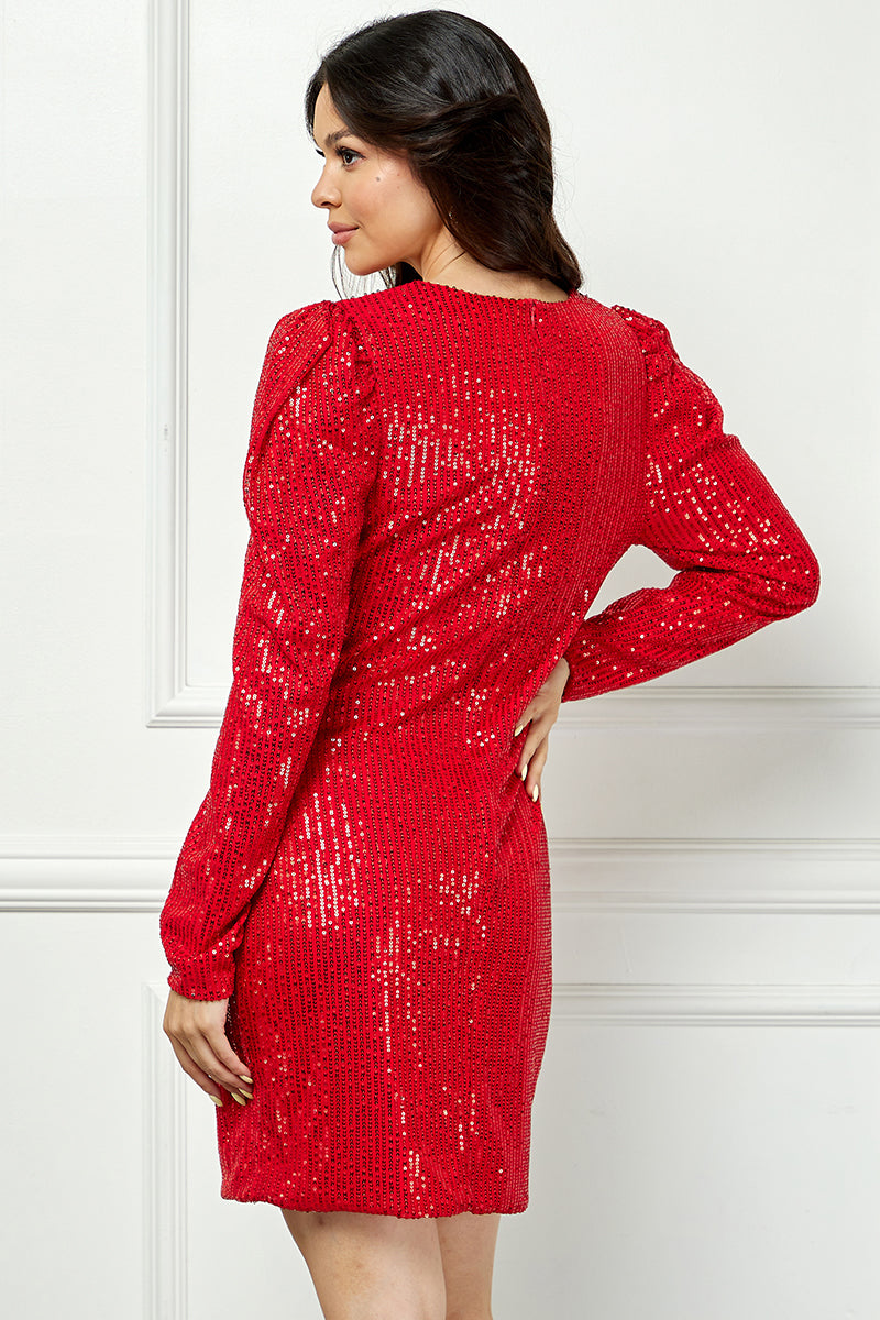 RED SHINNY V-NECK LONG SLEEVES MINI DRESS AVD51898W
