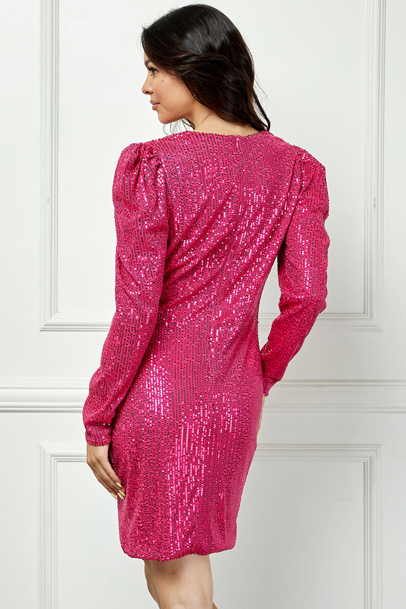 PINK SHINNY V-NECK LONG SLEEVES MINI DRESS AVD51898W