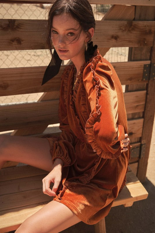 RUST VELVET RUFFLE DETAIL SURPLICE MINI DRESS DIO51772