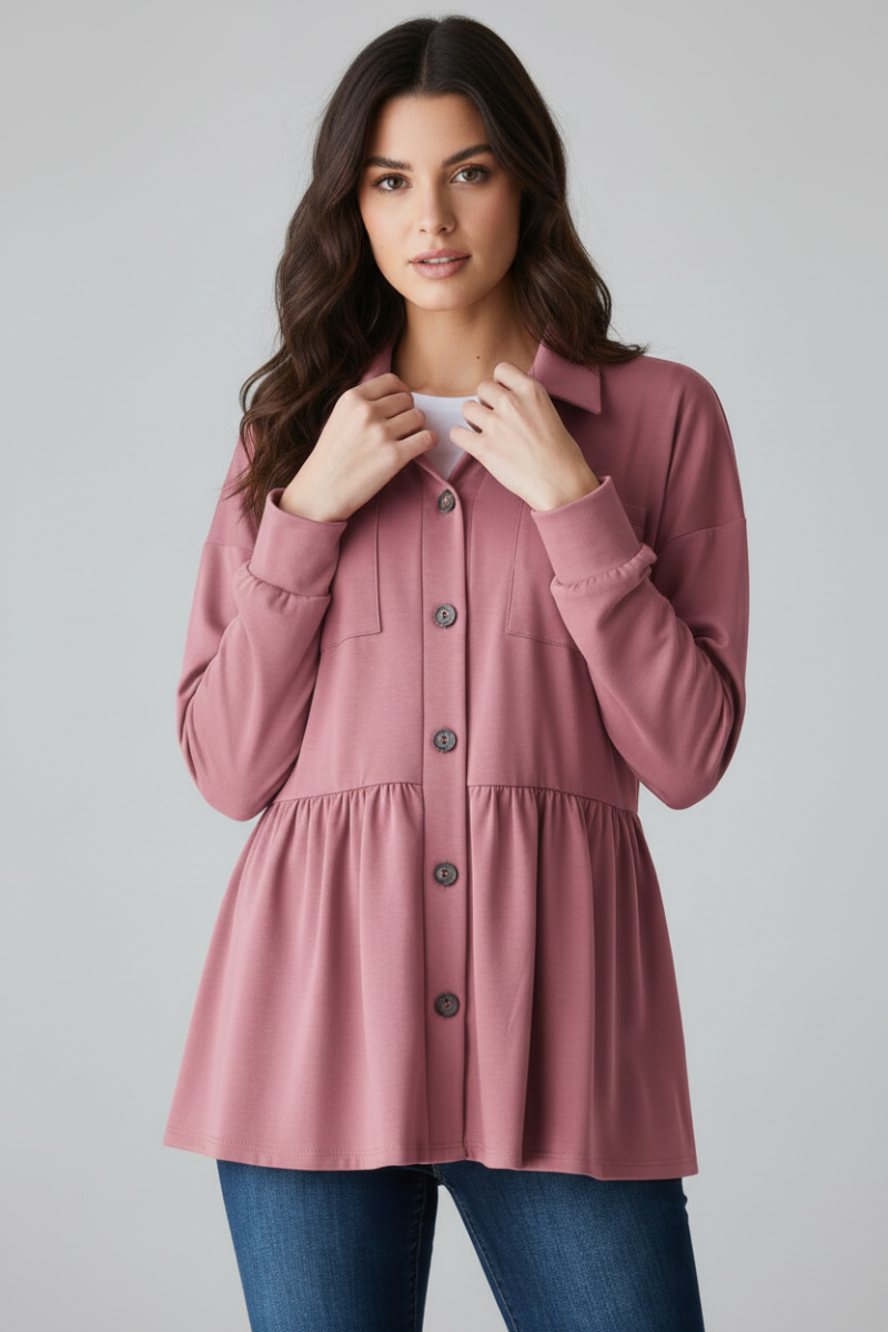 PUFF SLEEVE BUTTON DOWN SHACKET TOP HMEJ6739