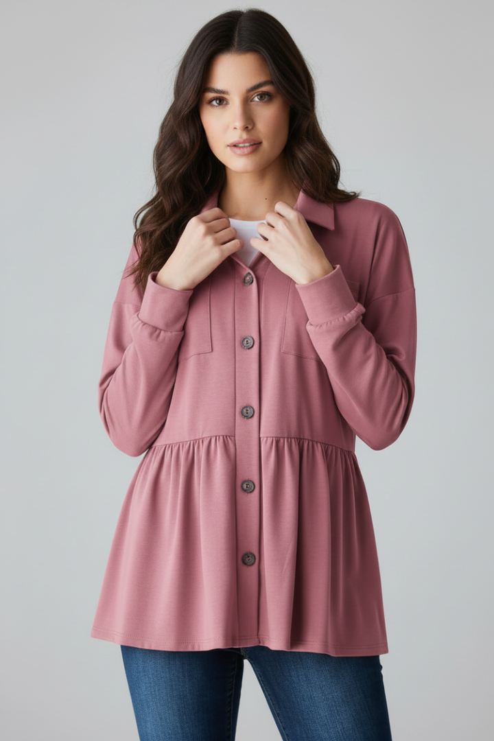 PUFF SLEEVE BUTTON DOWN SHACKET TOP HMEJ6739