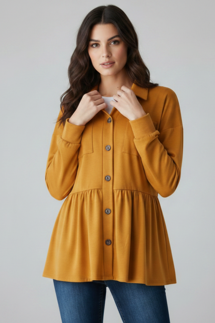 PUFF SLEEVE BUTTON DOWN SHACKET TOP HMEJ6739