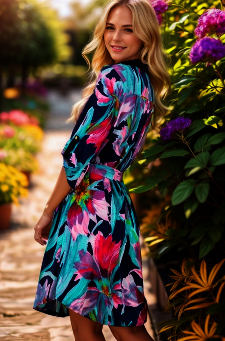 MANDARIN COLLAR MULTI COLOR FLORAL PRINT DRESS