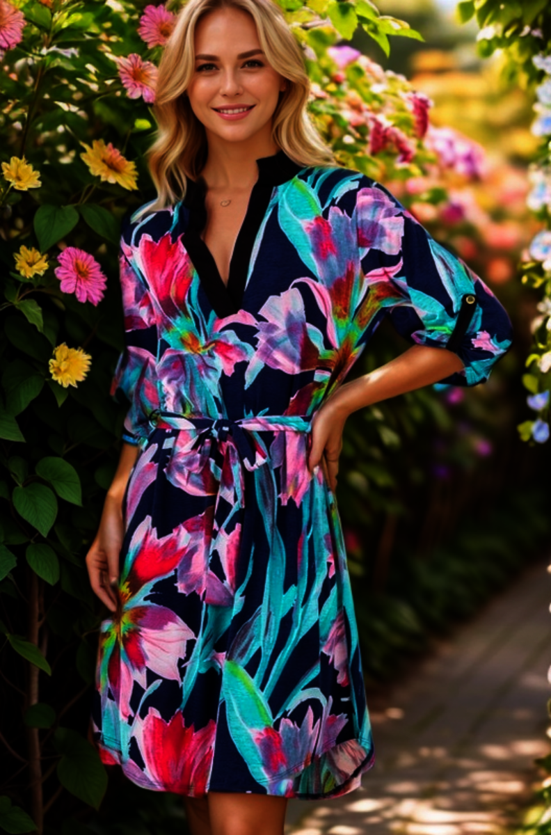 MANDARIN COLLAR MULTI COLOR FLORAL PRINT DRESS