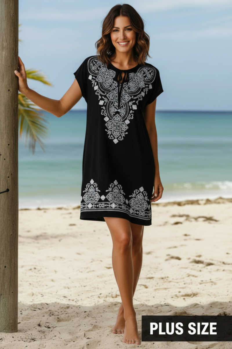 PLUS SIZE DOLMAN SLEEVE KEYHOLE TIE-NECK MINI DRESS HMED6741-10