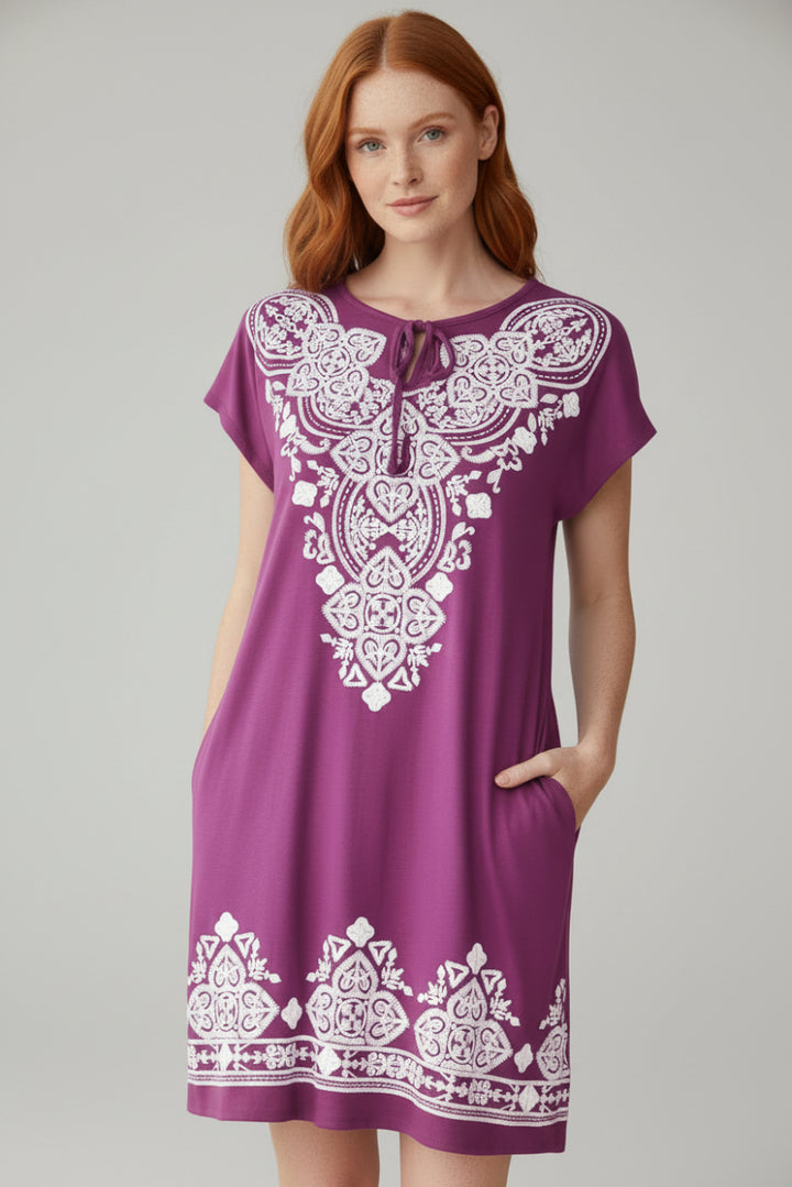 DOLMAN SLEEVE KEYHOLE TIE-NECK MINI DRESS HMED6741-10