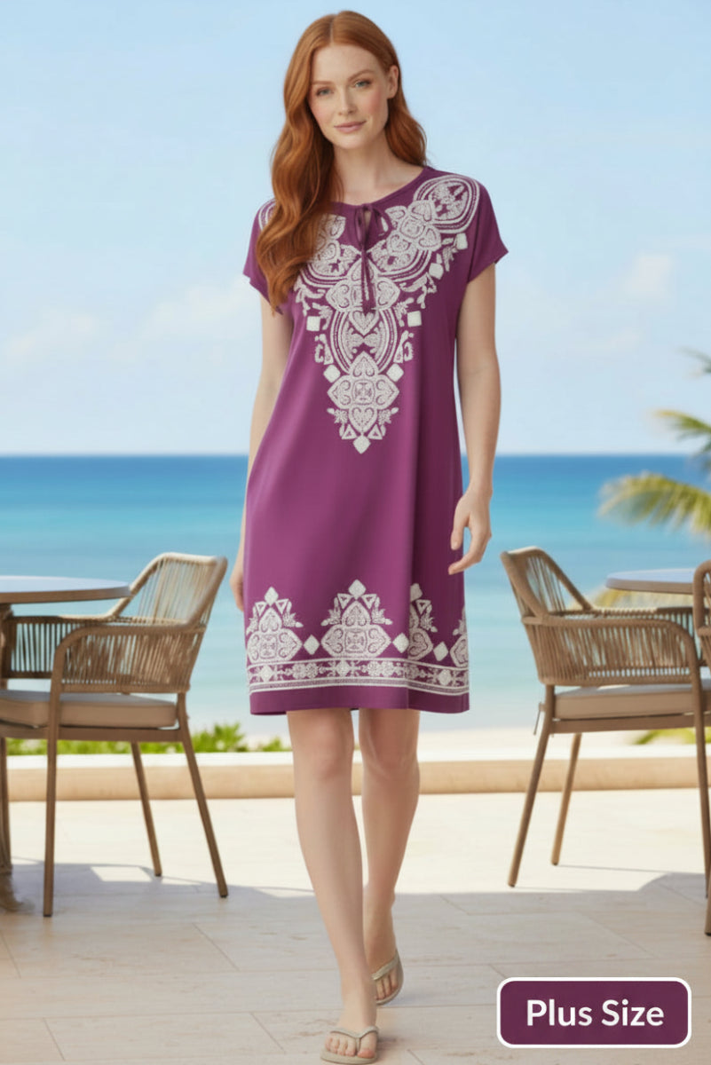 PLUS SIZE DOLMAN SLEEVE KEYHOLE TIE-NECK MINI DRESS HMED6741-10