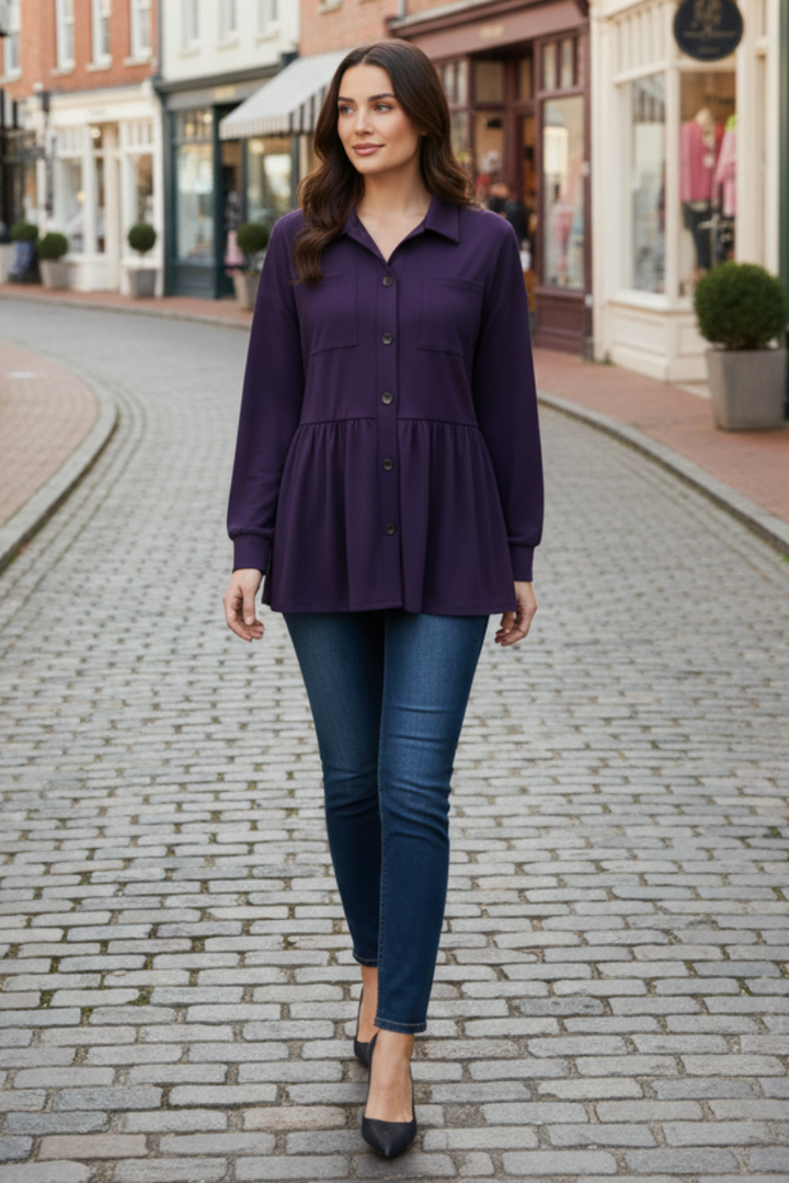 PUFF SLEEVE BUTTON DOWN SHACKET TOP HMEJ6739
