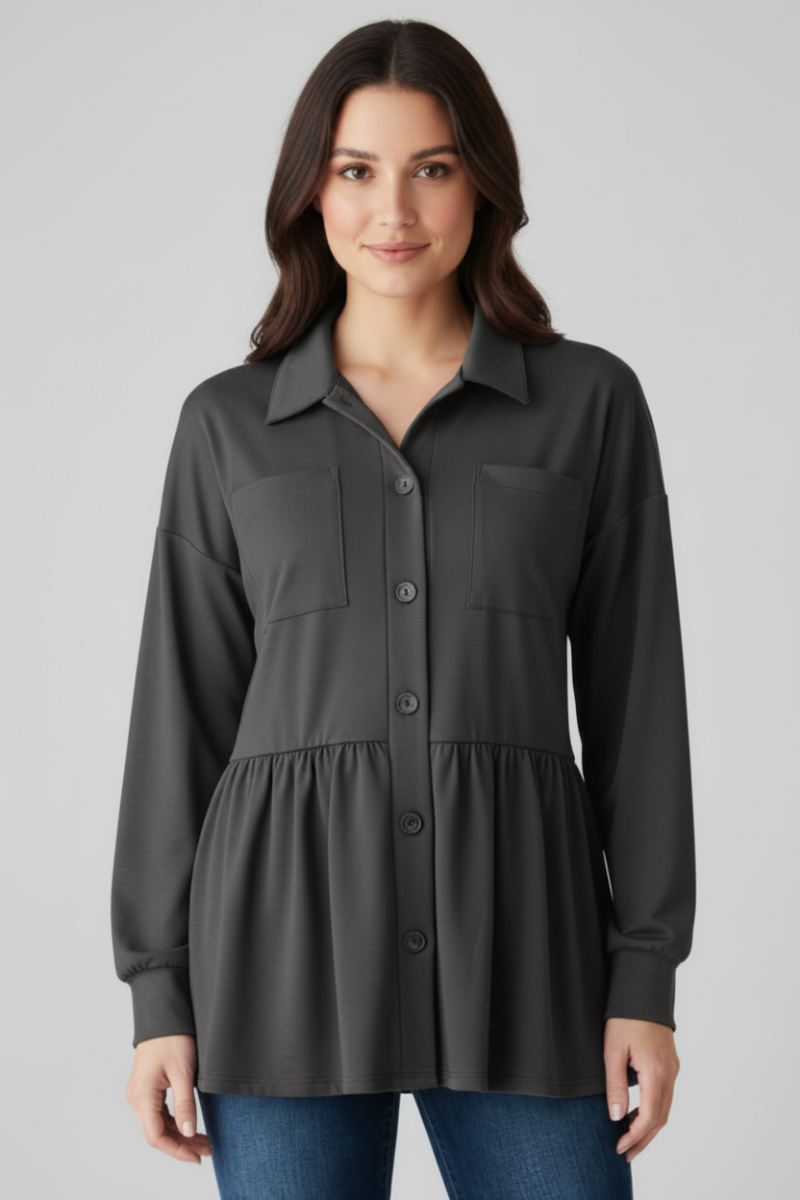 PUFF SLEEVE BUTTON DOWN SHACKET TOP HMEJ6739