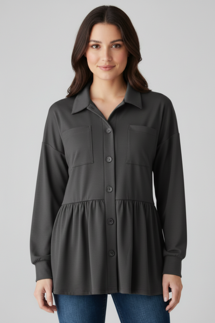 PUFF SLEEVE BUTTON DOWN SHACKET TOP HMEJ6739