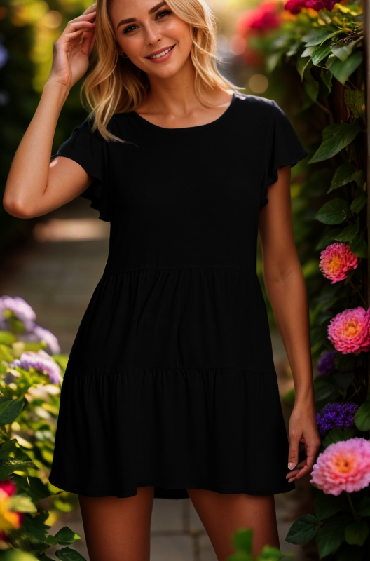 BUTTERFLY SHORT SLEEVE ROUND NECK SOLID BULGARI TIERED TOP PLUS SIZE