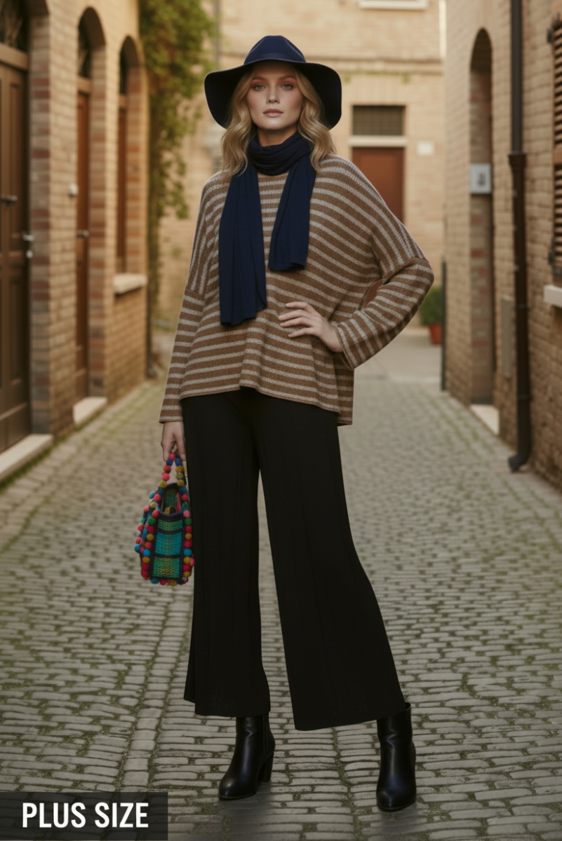 PLUS SIZE STRIPE DOLMAN SLEEVE KNIT SWEATER TOP HMET6943