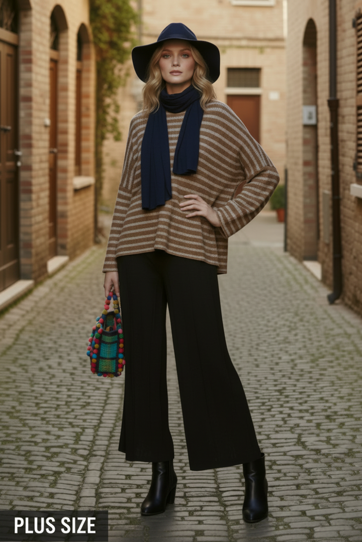 PLUS SIZE STRIPE DOLMAN SLEEVE KNIT SWEATER TOP HMET6943